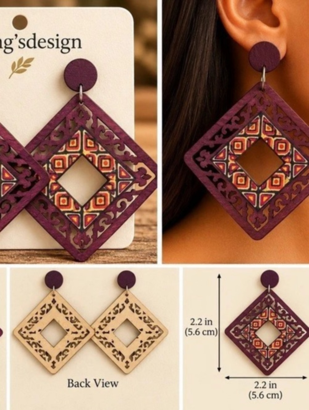 Purple Geometric Wood Earrings NWT